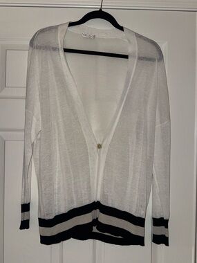 Brunello Cucinelli White Cardigan with Black and Tan Stripes